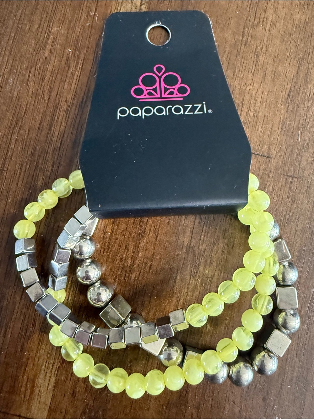 paparazzi Neon Yellow Beaded & Silver-Tone Stretch Bracelet Set